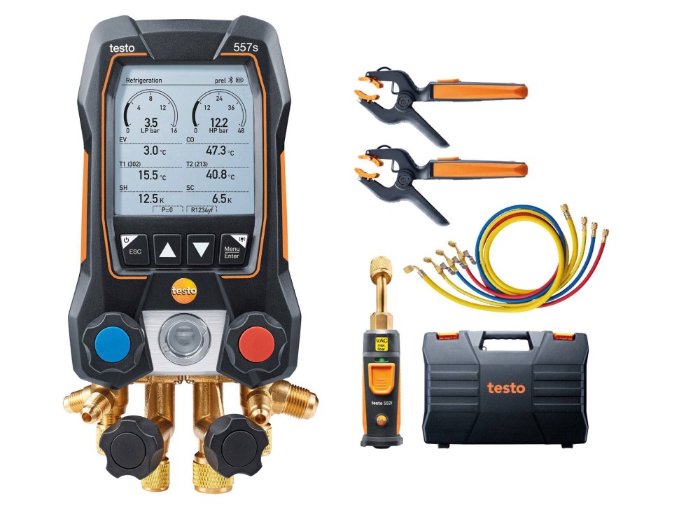 testo 557s Комплект 2 с заправочными шлангами - Умный цифровой манометрический коллектор, смарт-зонды вакуума и температуры и набор из четырёх заправочных шлангов